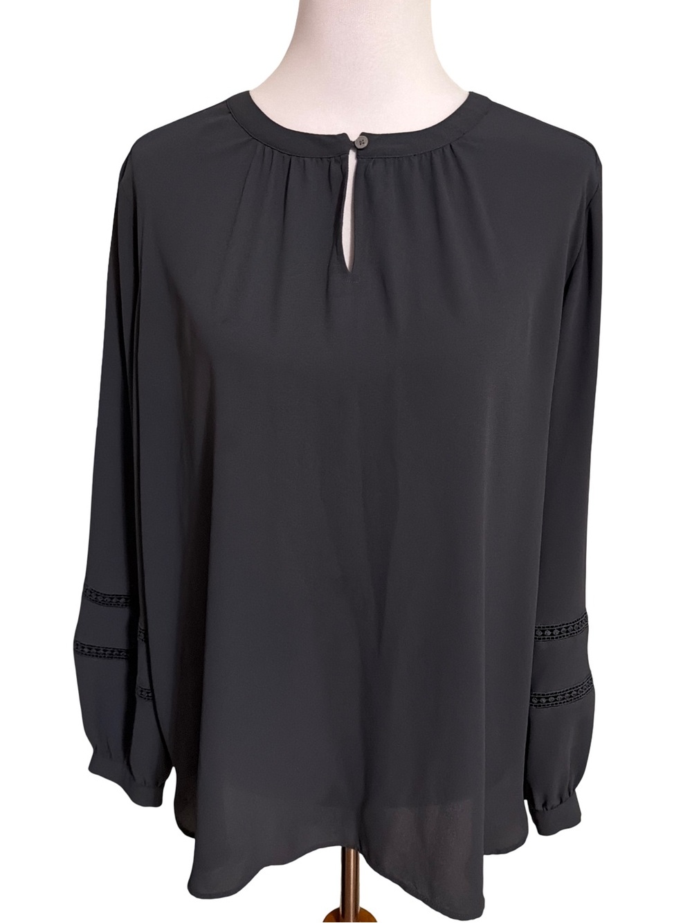 LOFT Dark Gray Long Sleeve Keyhole Blouse with Trim